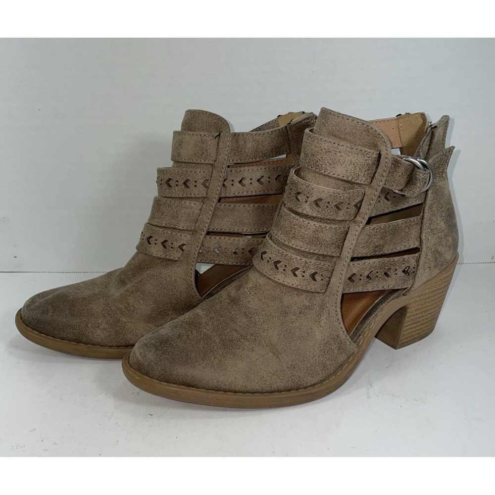 Qupid Taupe Faux Suede Cutout Strappy Ankle Boots Western Block Heel Brown 10